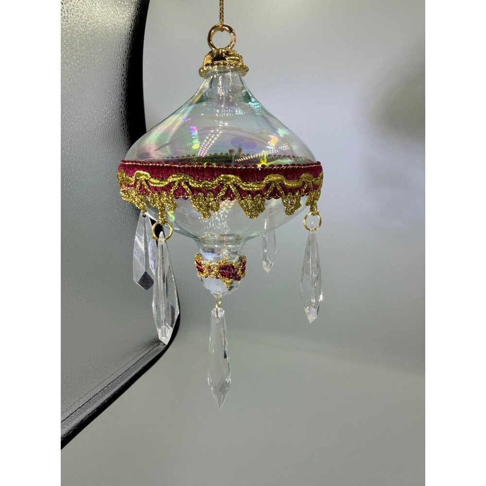 Elegant Iridescent Glass Chandelier 6" Ornament with Crystals & Velvet Trim